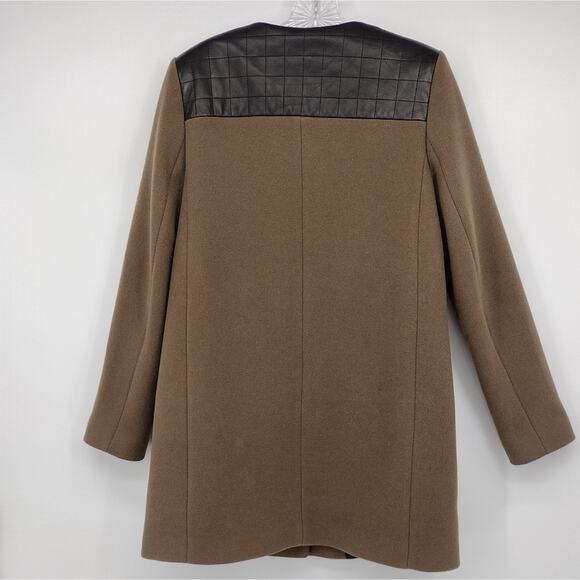 Sandro Brown Mid-length Wool Coat Jacket Black Leather Detail Size 40 - Picture 9 of 11